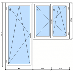 Baugruppe aus Doppelflügelfenster und Balkontür